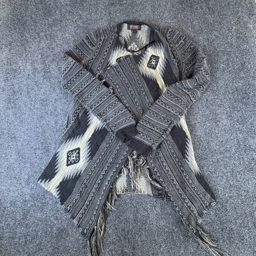 Shyanne Cardigan Sweater Womens Medium Gray Western Aztec Fringe Knit Open Front